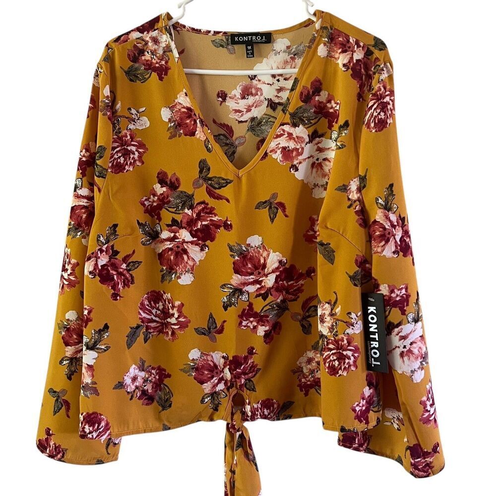 Kontrol Floral Women's Blouse V Neck Tie Front Long Sleeve Top Mustard Yellow 1X